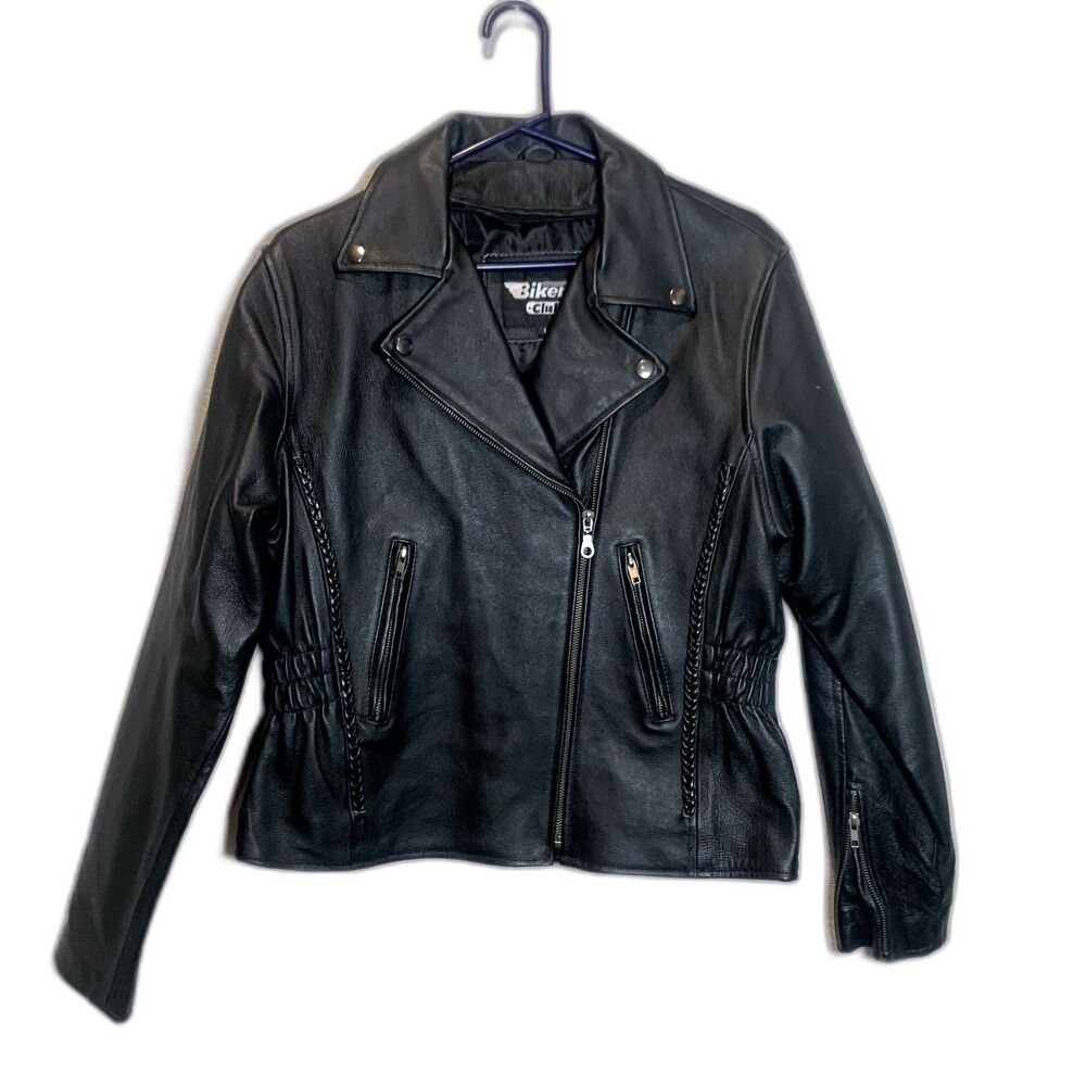 Black Genuine Leather Asymmetrical Zip Moto Jacket Braided Detail Womens Large